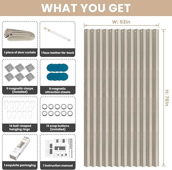 Jilron Accordian Door Curtain, 100% Blackout Folding Magnetic Doorway Curtains,Linen Style Closet Doors,for Room Divider,Privacy Protection（W52 x L78,Off White,1 Panel）