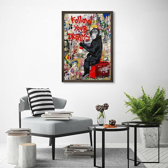 Banksy Canvas Wall Art Monkey Follow Your Dreams Street Graffiti Wall Art Banksy Prints Gorilla Poster Monkey Artwork Graffiti Pictures Painting for Home Living Room Decor 16x24 Inch Wood Framed