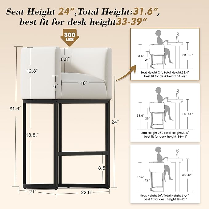 Modern Counter Height Bar Stools,Bar Stools Set of 2,PU Leather Upholstered Barrel Barstools with Backs,24'' Kitchen Island Chairs,Metal Black Frames,Beige White Leather