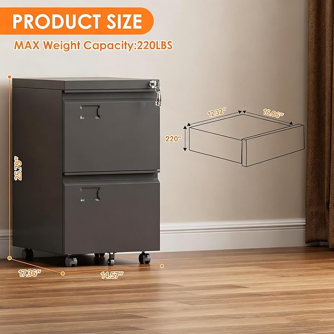 METAN 2 Drawer File Cabinet with Lock, Mobile Rolling Filing Cabinet for Home Office, Under Desk Metal File Cabinet for Letter/Legal/A4 Size with Name Card Slots, Black, Assembly Required