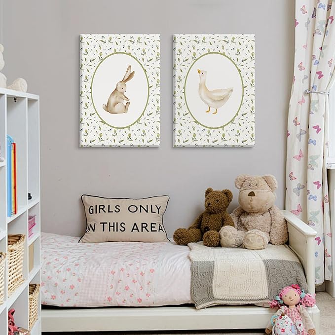 Vintage Nursery Wall Art Cute Goose Canvas Poster Bunny Wall Decor Baby Kids Poster Rabbit Duck Prints Cute Animal Pictures Pale Green Painting Artwork for Gallery Bedroom 16x24x2 Inch Ready to Hang