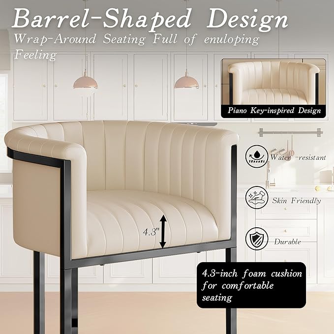 Modern Counter Height Bar Stools,Bar Stools Set of 4,PU Leather Upholstered Barrel Barstools with Backs and Arms,26'' Kitchen Island Chairs,Metal Black Frames,Beige White