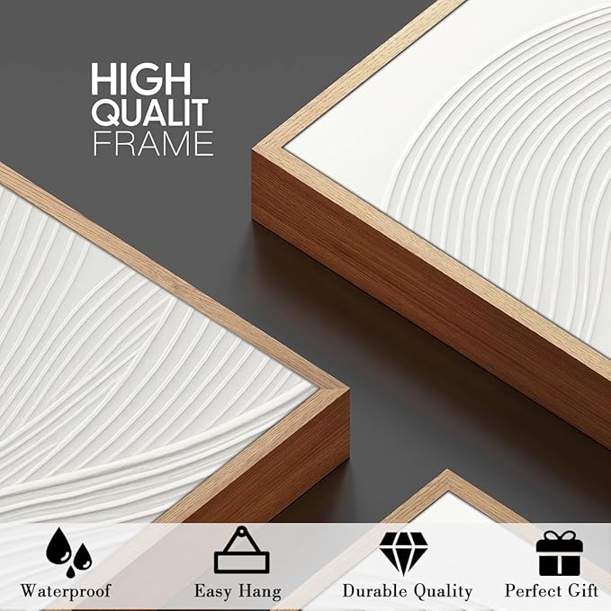 Anyzal Extra Large Framed White Textured Wall Art 24x36 Inch Neutral Abstract Modern Canvas Wall Decor Minimalist Waves Artwork for Living room Dining room Bedroom Set of 3