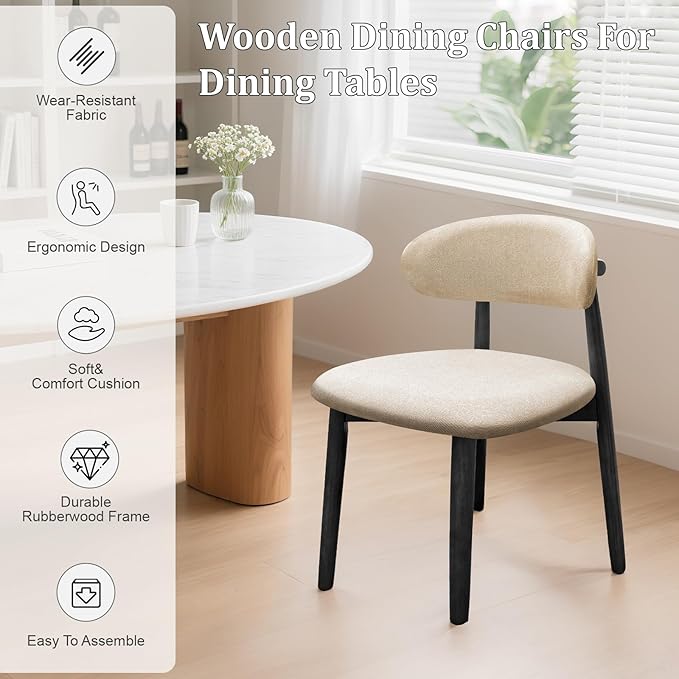 Farmhouse Dining Chairs Set of 2, Mid Century Modern Fabric Upholstered Kitchen Chairs, Wooden Dining Room Chair with Curved Back&Black Legs for Kitchen Dining Room Restaurant Cafe, Beige, Only Chairs