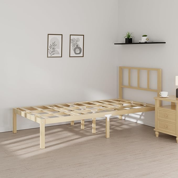 14 Inch Bamboo Bed Frame – Solid Wood Platform Bed Frame, Strong and Stable, with Non-Slip Slats for Support, No Box Spring Needed, Easy to Assemble, Noise-Free (Natural, Twin with Headboard)