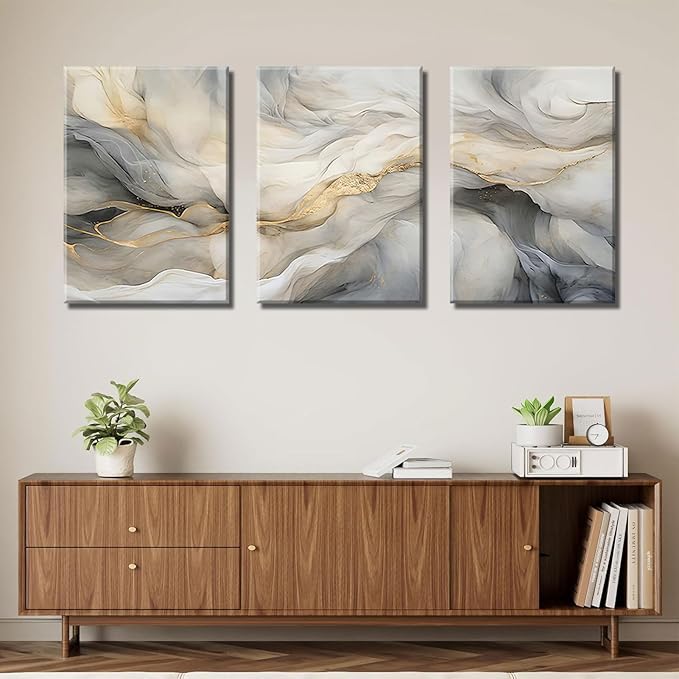 White and Grey Canvas Wall Art Set of 3 Abstract Beige Gold Marble Fluid Wall Decor Pictures Neutral Modern Minimalist Posters Prints for Living Room Bedroom Home Decoration 12x16in
