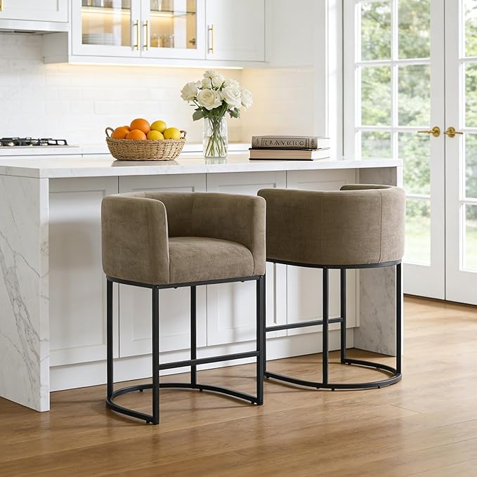 ClinQ 26" H Counter Height Bar Stools Set of 2, Modern Barrel Counter Stools with Backrest and Arms, Black Metal Frames, Chenille Fabric Upholstered Accent Barstools for Kitchen Island, Brown