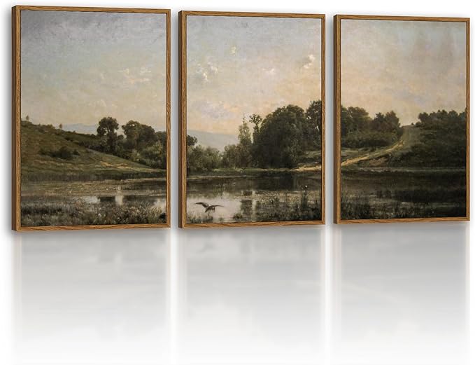 Vintage Framed Landscape Wall Art Set of 3 12x16 Countryside Lake Canvas Painting, Rustic Tranquil Hillside Meadow Views Nature Scenery Print, Classic Pastoral Living Room Bedroom Farmhouse Decor