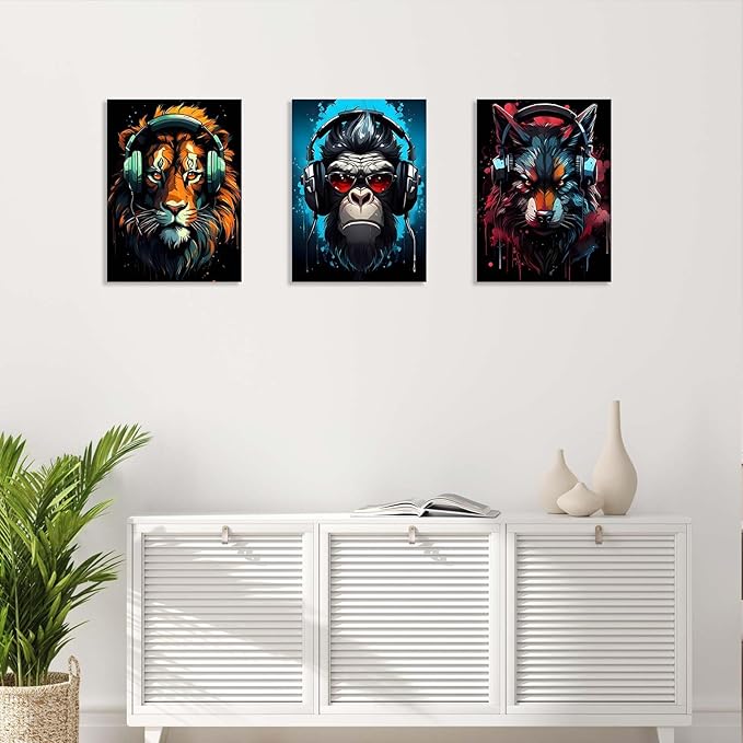 3 Piece Framed Canvas Wall Art, Modern Animal DJ Wall Decor with Lion, Monkey and Wolf, Colorful Pop Art Artwork for Living Room Bedroom Office Gaming Room, 12x16 Inch