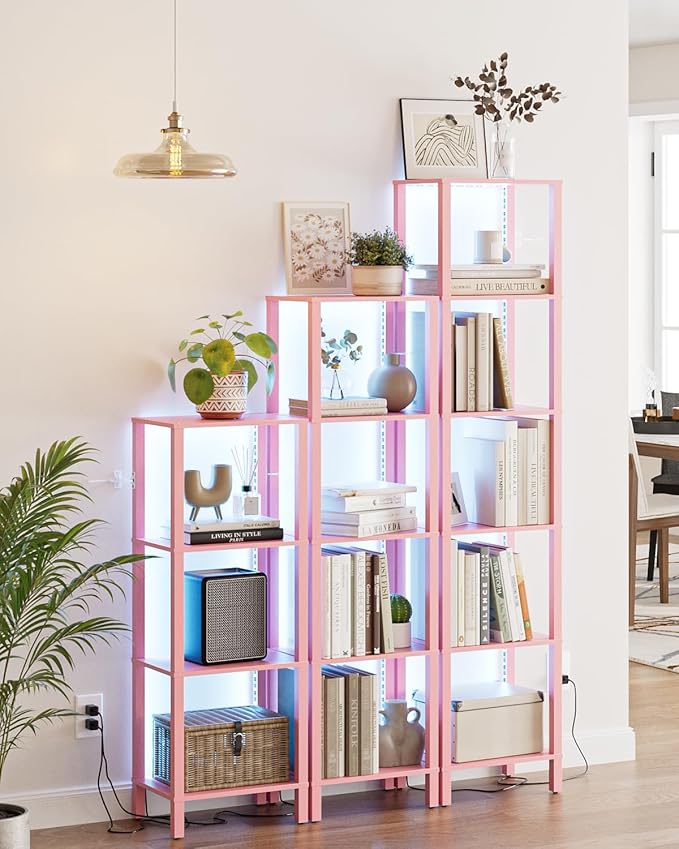 Open Book Shelf with LED Lights, 5 Tier Tall Bookshelf, Freestanding Shelf Narrow Bookcase with Open Shelves, 14.96" x 10.63" x 53.54", Book Shelves for Living Room, Office, Study, Pink
