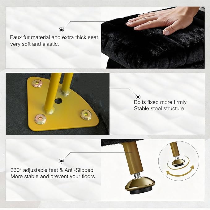 ACEQLYT® Small Foot Stool, Small Ottoman with Storage, Black Furry Footstool with Soft Padded Seat & Gold Metal Leg