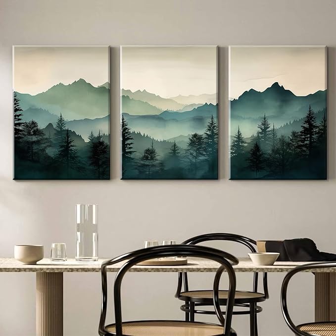 Mountain Wall Art Decor Set of 3 Sage Green Forest Canvas Wall Art Prints Nature Landscape Wall Decor Watercolor Pine Tree Pictures Abstract Modern Painting for Living Room Bedroom 24x36 Inch Framed