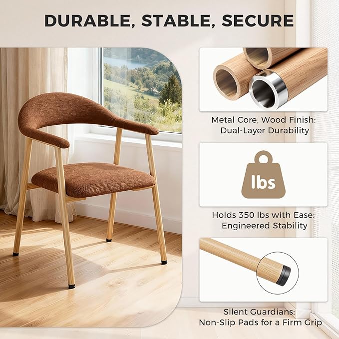 DUMOS Dining Chairs Set of 4, Linen Fabric Upholstered Kitchen Side Chairs with Curved Backrest & Metal Legs, Modern Farmhouse Accent Chairs for Dining Room Kitchen Living Room Cafe, Orange