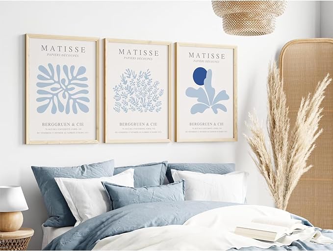 Youillne Henri Matisse Wall Art Prints Abstract Aesthetic Canvas Wall Art Blue Wall Decor Abstract Matisse Poster Minimalist Pictures Flower Market Painting for Bathroom 24x36 Inch Unframed Set of 3