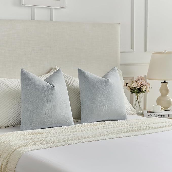 FUTEI Dusty Blue Chenille Decorative Throw Pillow Covers 16x16 Inch Set of 2,Soft Cozy Faux Linen Textured Cushion Case,Farmhouse Home Decor for Couch Living Room