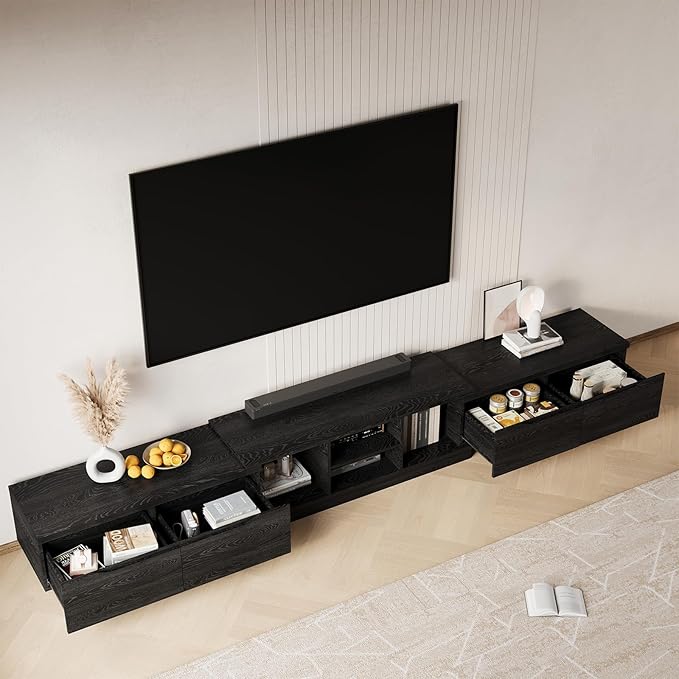 MEISSALIVVE Extendable TV Stand for Up to 120 Inch TV, Modern Entertainment Center with 4 Drawers & 2 Storage Compartments, Adjustable Length (95"-121"), TV Consoles for Living Room & Bedroom (Black)