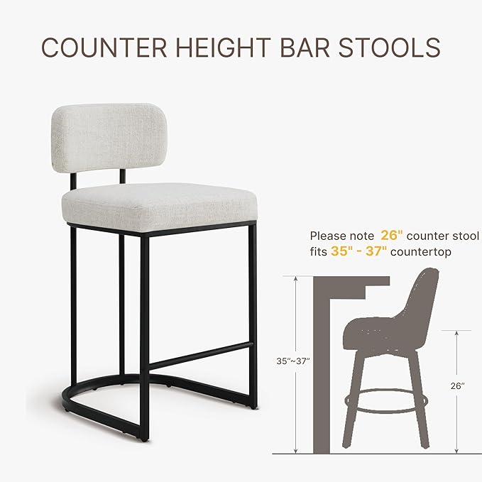 26" H Counter Height Bar Stools Set of 3, Modern Linen Fabric Upholstered Barstools with Backrest for Kitchen Island, Black Metal Frames, Wheat