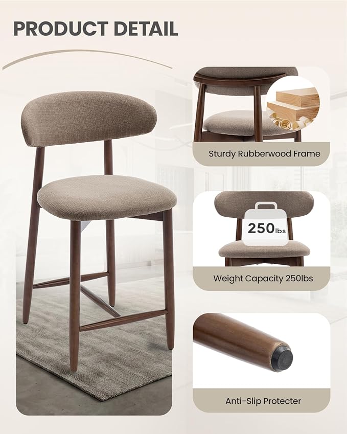 Bar Stools Set of 4, 25.6″ Counter Height Bar Stools with Wood Legs, Upholstered Modern Kitchen Barstools for Kitchen Island Dining Room Bar, Camel