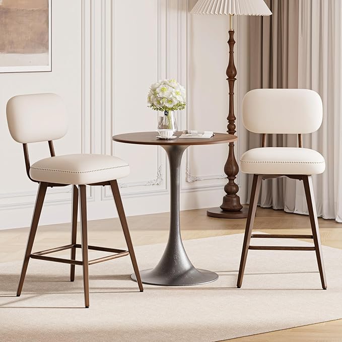 MALOL 26“ Swivel Bar Stools Set of 2, Mid Century PU Leather Counter Height Bar Chairs with Low Back and Metal Legs, Modern Bar Stool Chair for Kitchen Island, Beige