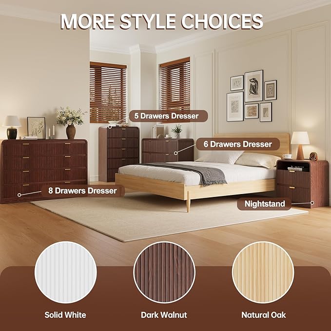 FURSUN Fluted 6 Drawers Dresser for Bedroom, 54" Wide Wooden Dresser with Metal Handle, Curved Profile Design, Modern Storage Organizer for Bedroom, Living Room, Hallway, Dark Walnut