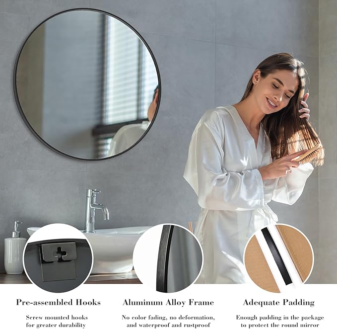Sweetcrispy 28in Black Round Bathroom Mirrors for Wall, Bathroom Mirrors for Over Sink, Wall Decor for Bathroom, Entryway, Bedroom, Vanity