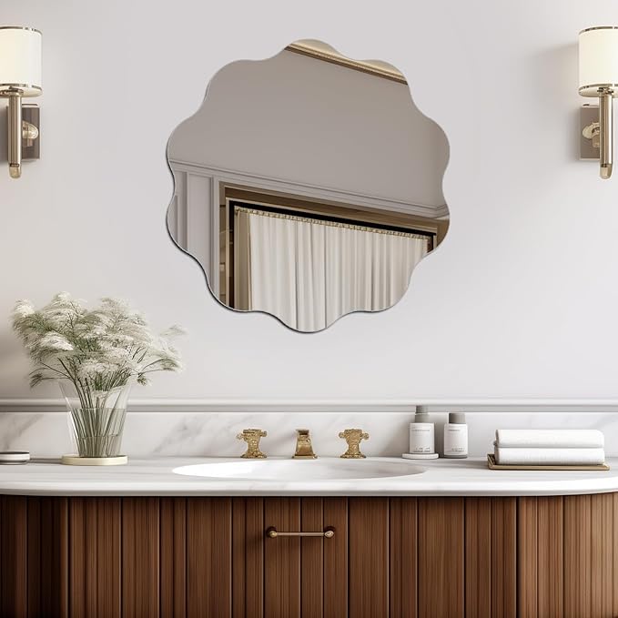 DARENYI Round Wavy Mirror for Wall Decor, 12 inch Wavy Edge Acrylic Circle Scalloped Wall Mirror for Bathroom, Bedroom, Living Room, Entryway, Home Decor