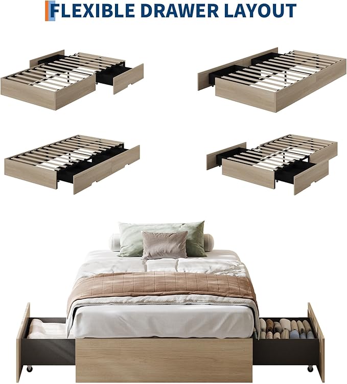 GarveeHome Twin XL Size Wood Platform Bed Frame with 2 Storage Drawers, Wooden Bed Frame Without Headboard, Wood Slat Support, No Box Spring Needed, Easy Assembly
