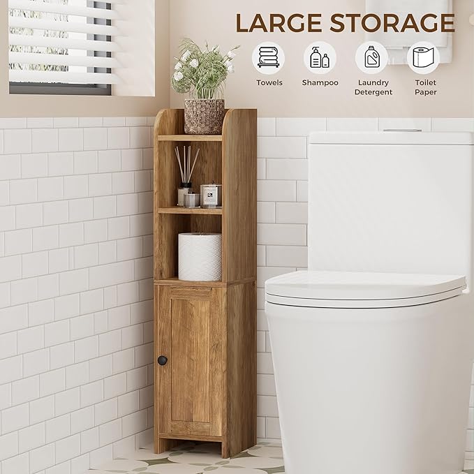 Homhedy Small Bathroom Storage Corner Floor Cabinet with Door and Shelves, Beside The Toilet Paper Stand for Skinny, Narrow Toilet Paper Cabinet, 7.9" D x 7" W x 31" H, Rustic Walnut