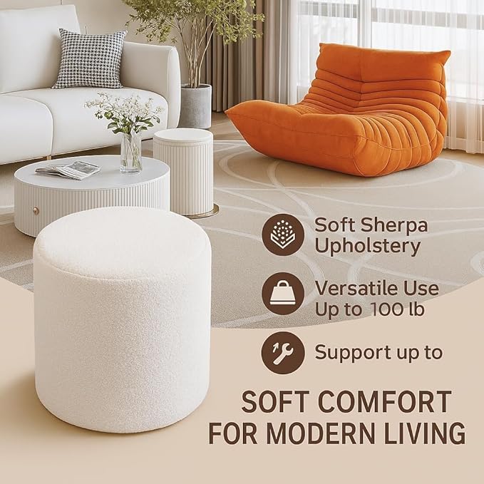 White Round Ottoman Foot Rest Stool – Clean Boucle Fabric Footstool with Soft Foam Filling, Lightweight Modern Pouf for Minimalist Living Room, Bedroom, Office – Pure White