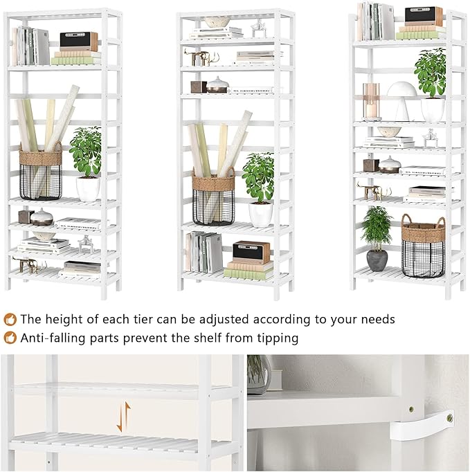 Homykic 6-Tier Bamboo Bookshelves and Bookcases, Adjustable 63.4”Tall Shallow Book Shelf Organizer Rack, Freestanding Storage Shelving Unit for Living Room, Kitchen, Bathroom, Office, White
