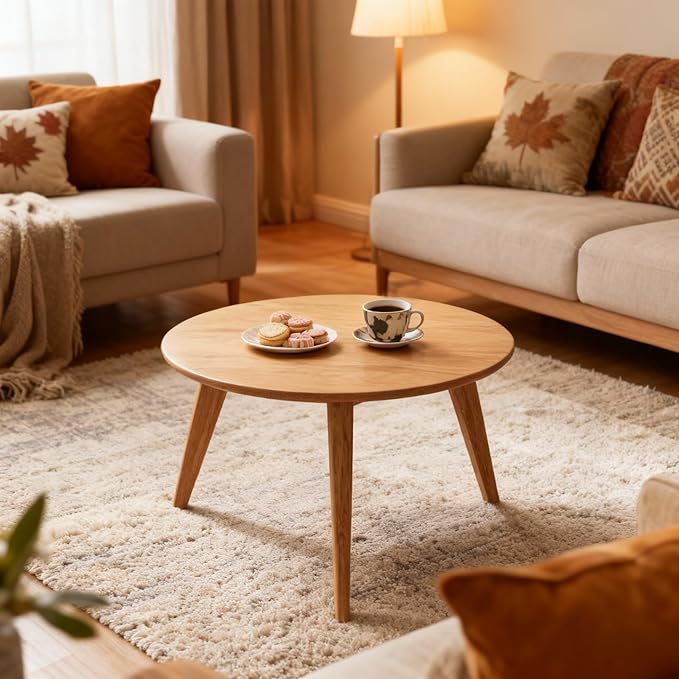 100% Solid Oak Wood Mini Coffee Table, Round Living Room Table Side Table w/Solid Wood Legs, Walnut Mid Century Sturdy Tables for Bedroom Balcony Living Room (23.62" D x 13.78" H)