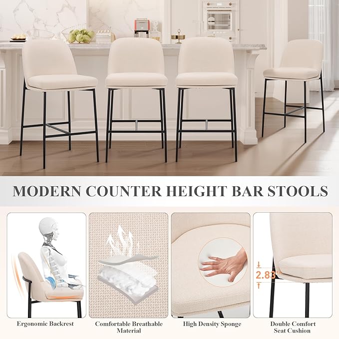 COLAMY Counter Height Bar Stools Set of 2, 25 Inch Modern Fabric Kitchen Island Stools with Back, Upholstered Counter Barstools Armless Bar Chairs with Metal Legs for Island Dining Room Bar,Beige
