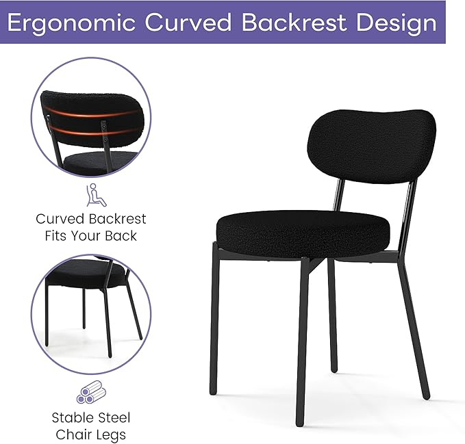 Murago Dining Chairs Set of 2 pcs, Boucle Comfortable Upholstered Seat Fabric with Curved Backrest, Mid Century Modern Contemporary Scandinavian Designer Chairs Ideal for Dining Room, Kitchen, Black