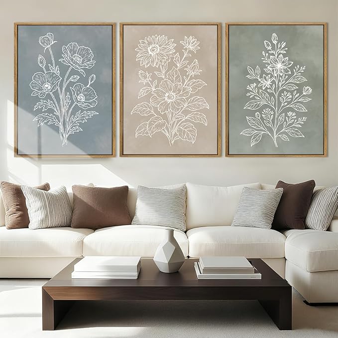 Anyzal Boho Floral Framed Wall Art 12x16 Inch Farmhouse botanical Canvas Wall Decor Modern Minimalist Plant Artwork for Living Room Bedroom Dining Room Set of 3