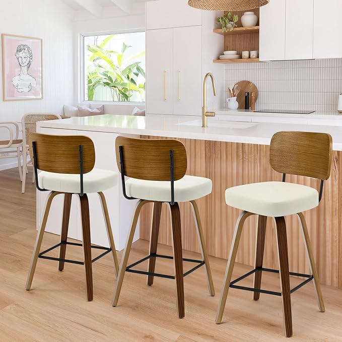 Bekrvio Swivel Counter Height Bar Stools Set of 4, Mid-Century Modern Upholstered Faux Leather Barstools with Wood Back, 26" Seat Height Bar Stools for Kitchen Island, Cream Seat and Walnut Frame