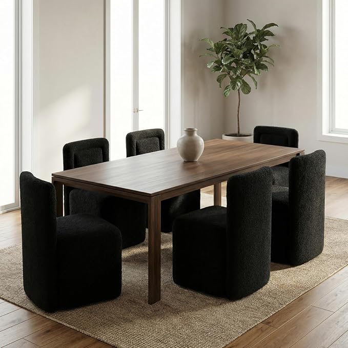 Hyfirm Black Upholstered Dining Chairs Set of 6, Mid-Century Scandinavian Parsons Armless Chairs in Boucle Fabric with Plush Seat Cushion for Diningroom Bedroom Livingroom Reading Room