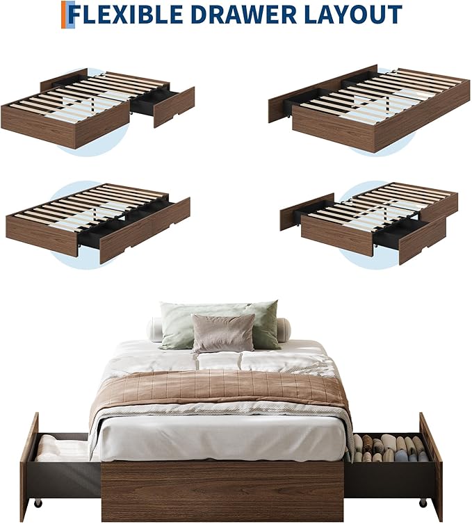 GarveeHome Twin XL Size Wood Platform Bed Frame with 2 Storage Drawers, Wooden Bed Frame Without Headboard, Wood Slat Support, No Box Spring Needed, Easy Assembly