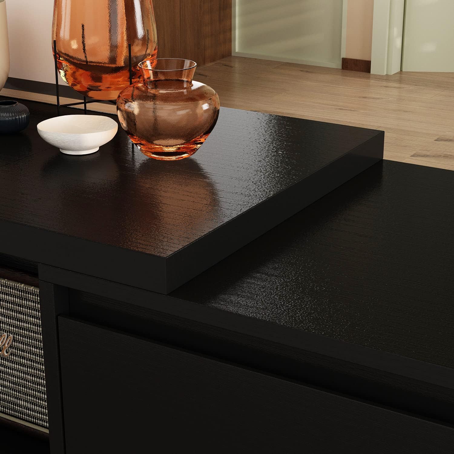 Expandable TV Stand Media Console Table, Modern Entertainment Center with Three Drawers and Two Open Shelves for Living Room Bedroom, Black (65.4-106.3”W x 15.7”D x 15.4”H)