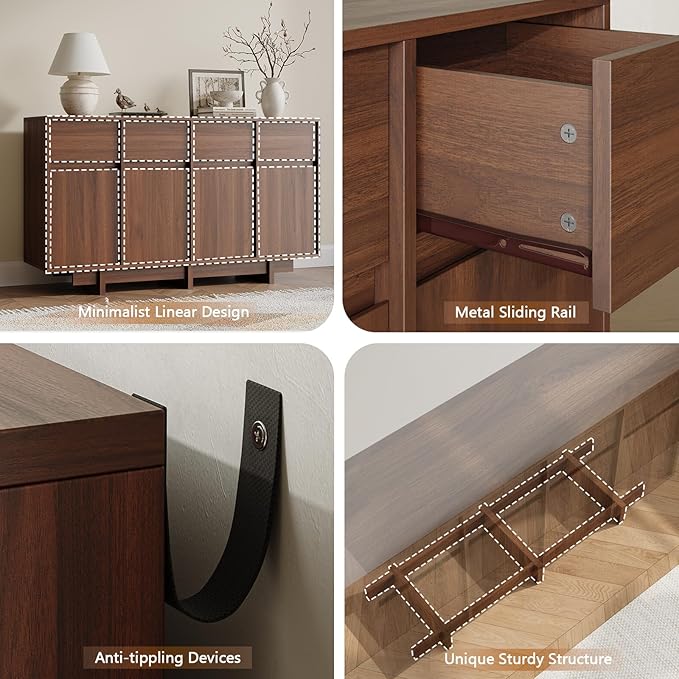 CHUWELL 55" Sideboard Buffet Cabinet,Walnut Coffee Bar Cabinet with 4 Sliding Doors and 4 Drawers,Minimalist Linear Design & Handleless Design Sideboard for Living Room