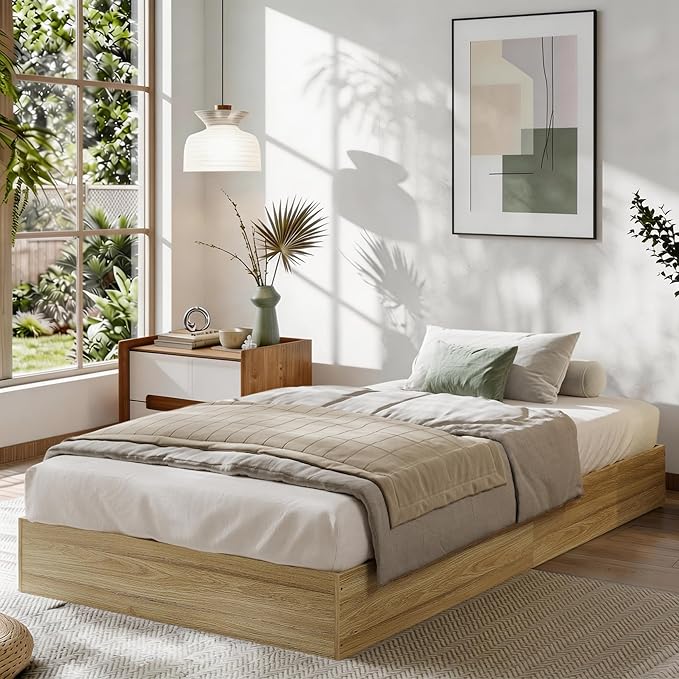 Garvee Twin XL Solid Wood Platform Bed Frame – Floor-Standing, No Box Spring Needed, Modern Minimalist Design, Sturdy Wooden Slats, Easy Assembly, Space Saving Bed Frame, Golden Tan Wood