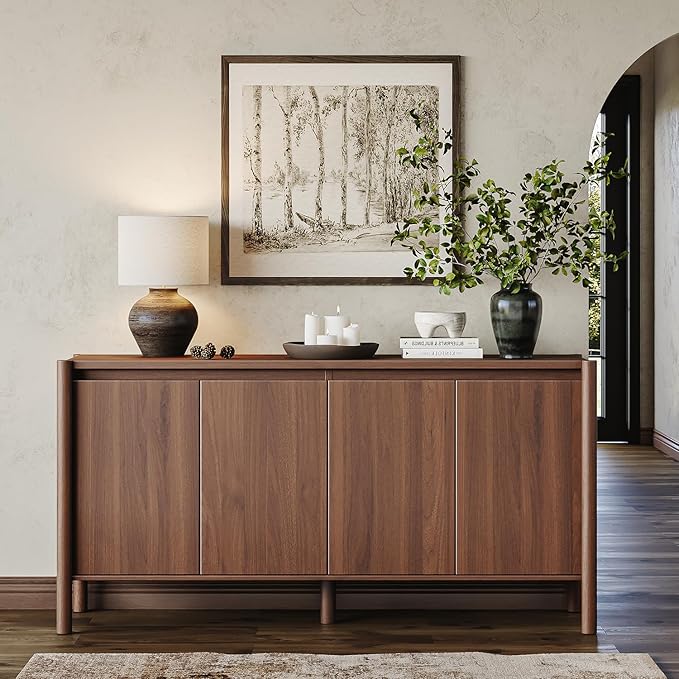 CHUWELL Walnut Sideboard Buffet Cabinet - 59" Mid Century Buffet Storage Cabinet with 4 Doors, Adjustable Shelves, and 4 Solid Wood Round Legs- Coffee Bar Table for Kitchen