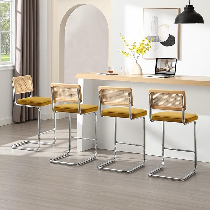 Zesthouse Natural Rattan Counter Stools Set of 4, 26" Modern Bar Stools with Solid Wood Back & Chrome Base, Yellow Velvet Counter Height Barstools, Mid Century Cantilever High Chair for Kitchen Island