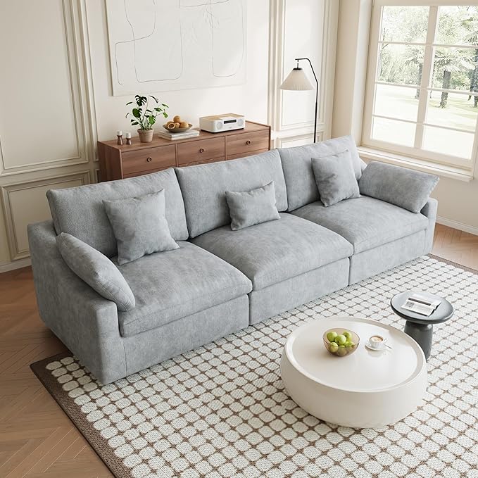 Modular Sectional Sofa Cloud Couch, 119.29" Oversized 3 Seater Sofa with Pillows, Linen Blend Fabric Minimalist Deep Seat Sofa Couches for Living Room, Sofa Covers Washable&Removable, Grey