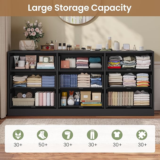 HAUOMS 9 Drawer Dresser for Bedroom, Large Black Chest of Drawers for Bedroom,Long Modern Dressers with Drawers for Living Room, Hallway