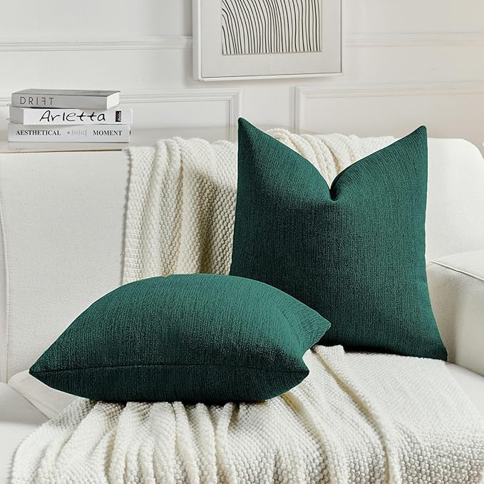 FUTEI Teal Chenille Decorative Throw Pillow Covers 20x20 Inch Set of 2,Soft Cozy Faux Linen Textured Cushion Case,Farmhouse Home Decor for Couch Living Room
