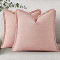 decorUhome Summer Decorative Neutral Linen Fringe Throw Pillow Covers Set of 2 Pink Pillow Covers with Tassels Soft Farmhouse Boho Accent Pillow Cases for Couch Bed Sofa 20x20 Inch