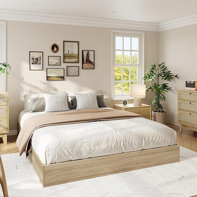Garvee King Size Solid Wood Platform Bed with Sturdy Wooden Slats, Floor-Standing Bed Frame, Modern Minimalist Design Bed Frame, No Box Spring Needed, Space Saver, Easy Assembly, Golden Tan Wood