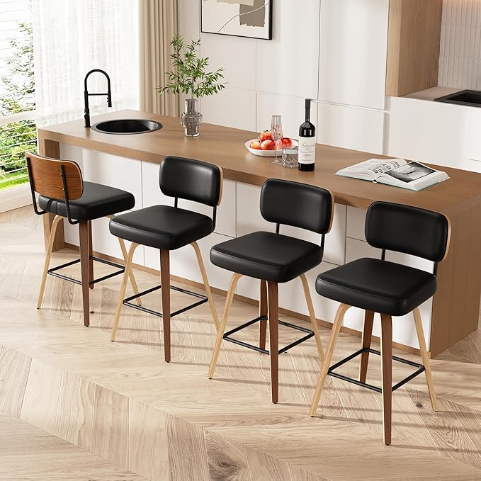 Swivel Bar Stools Set of 4, 26" Upholstered Faux Leather Counter Height Barstools with Walnut Back & Bentwood Legs, Mid Century Modern Bar Chairs Island Stools for Kitchen Counter, Black