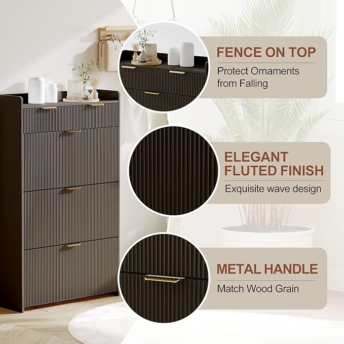 IDEALHOUSE Modern Natural Shoe Cabinet with 3 Flip Drawers & 2 Small Drawers & Hook, Slim Fluted Shoe Storage Organizer, Narrow Entryway Cabinet for Apartment, Hallway, Entrance ((Black Color))