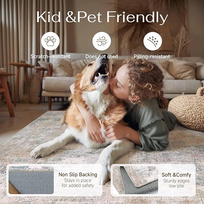 9x12 Washable Area Rug Beige Blue Abstract Non Slip Soft Low Pile Rug for Living Room Bedroom Dining Room Office Neutral Modern Indoor Large Throw Carpet for Home Decor